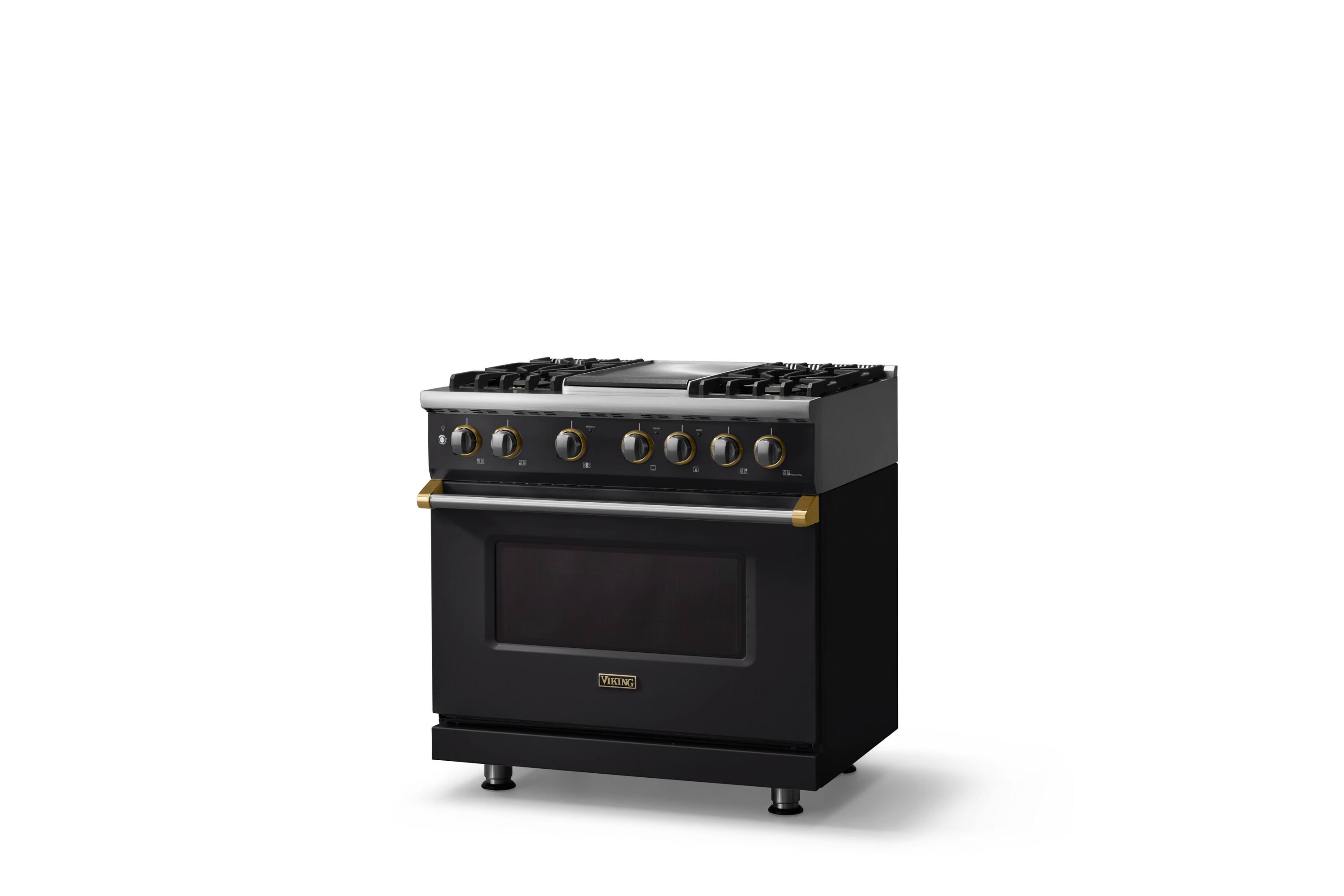 Angle. Viking - 36"W. Pro5S 5.6 Cu. Ft. Freestanding Self-Clean Sealed 4B Dual Fuel Convection Range/Grdl-Onyx/Brushed Brass - Onyx.