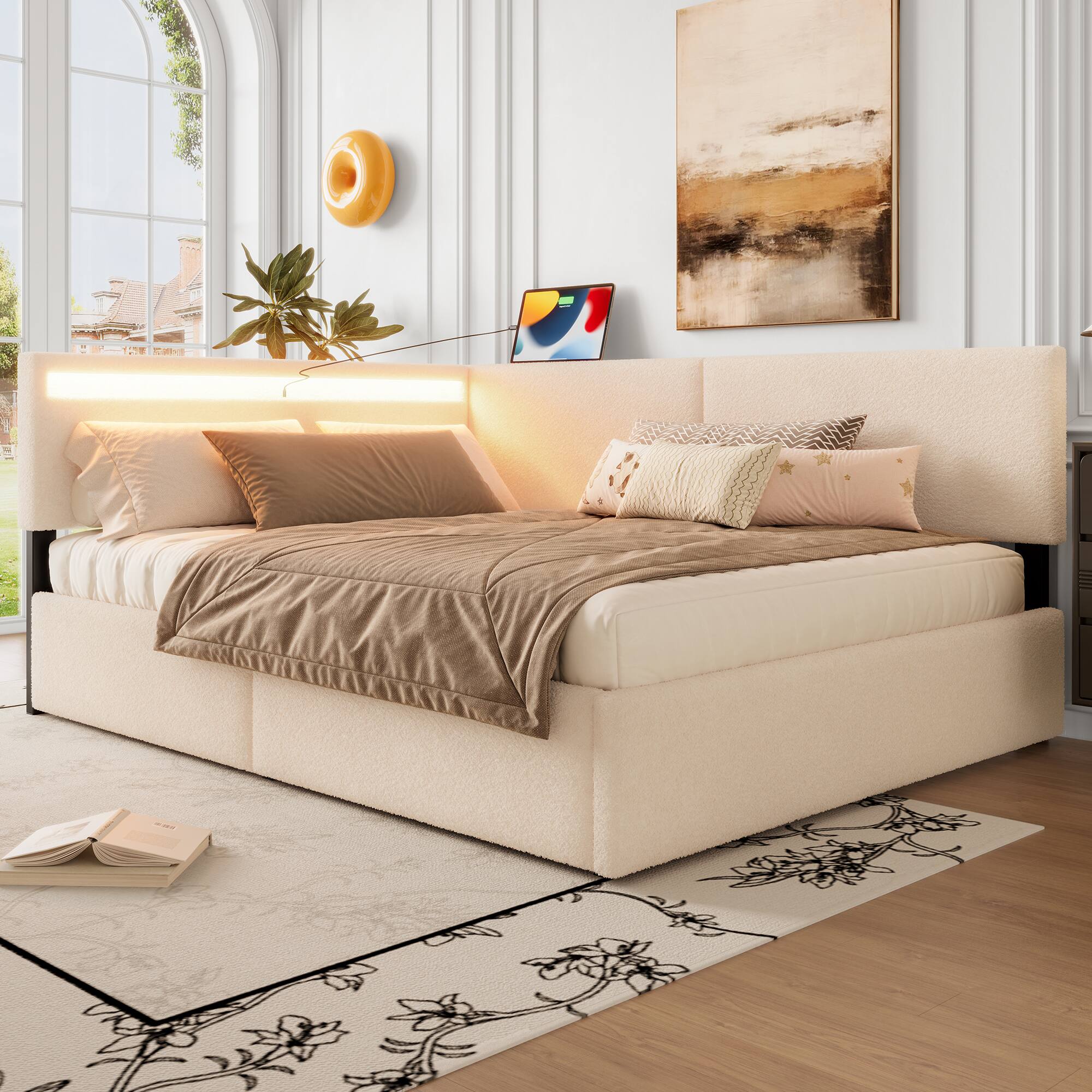 Left. LUCKY ONE - Full Size Upholstered Boucle Bed Frame with 2 Storage Drawers, LED light and USB Charging Design - Beige.