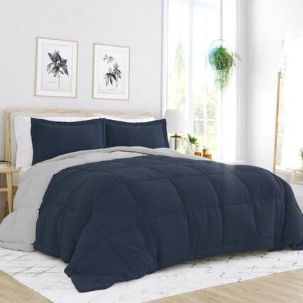 Front. Hivvago - Full/Queen 3-Piece Microfiber Reversible Comforter Set in Navy Blue and Grey - Navy Blue and Grey.