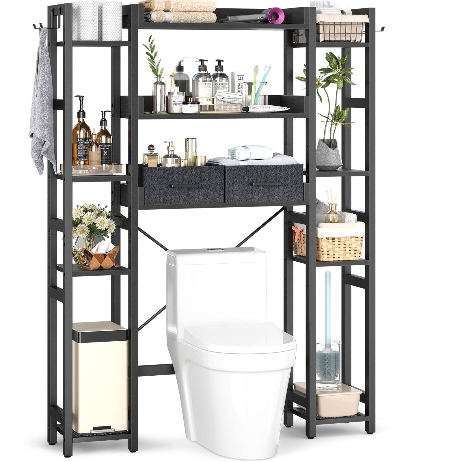 Alt View 3. Aheaplus - 11-Tier Over The Toilet Storage Rack, Bathroom Organizer Rack with 2 Drawers and Adjustable Shelves, Space Saving - Black.