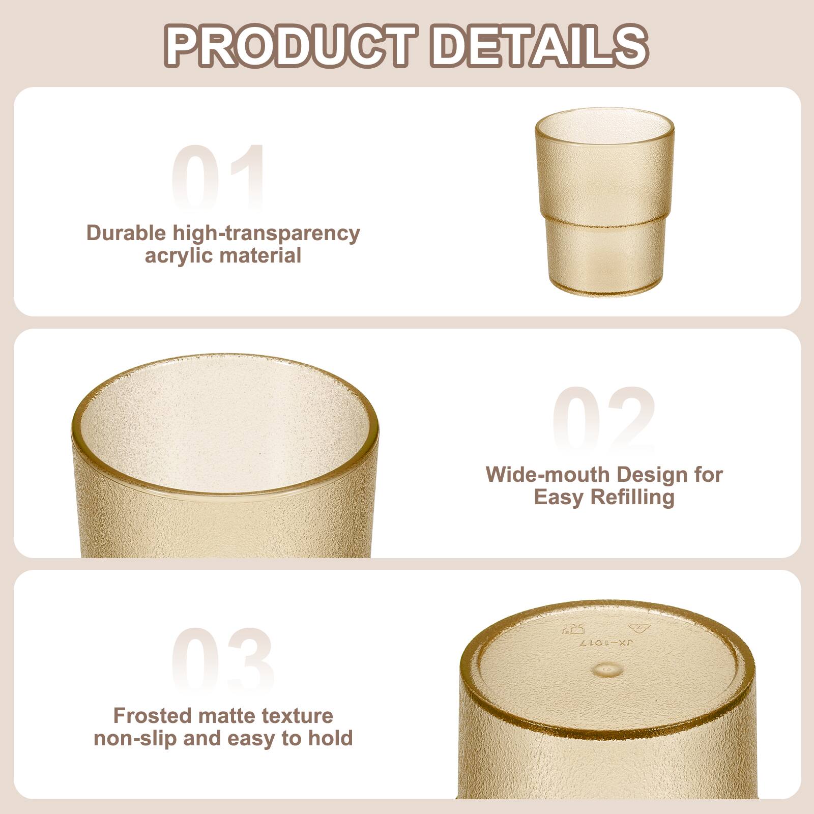 PRODUCT DETAILS

01 Durable high-transparency acrylic material

02 Wide-mouth Design for Easy Refilling

03 Frosted matte texture non-slip and easy to hold

225 JX-1017