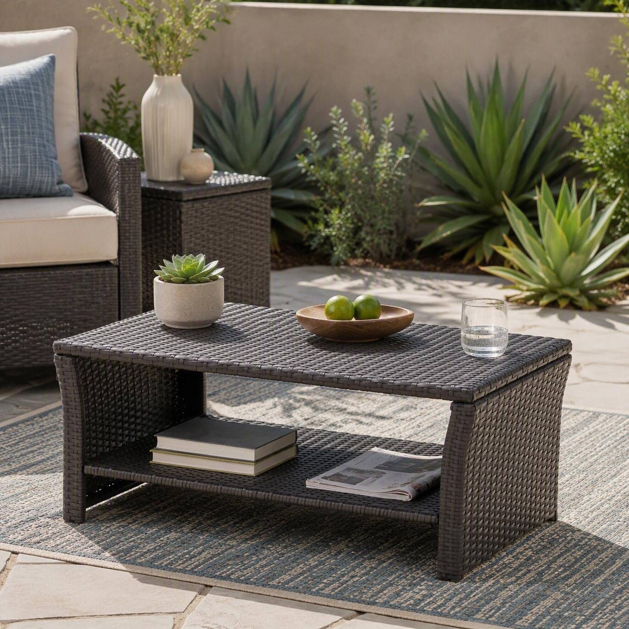 Left. RYHNUYNE - 2-Tier Outdoor Coffee Table with Storage Shelf,Patio Rattan Furniture,Rectangular Side Table for Garden Deck Porch - Brown.