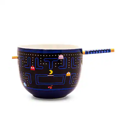 Front. Silver Buffalo - PAC-MAN Classic Maze 20-Ounce Ceramic Ramen Bowl and Chopstick Set - Multi-Colored.