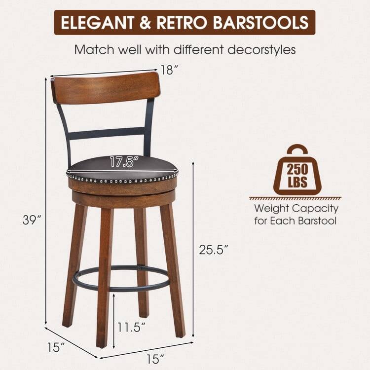 ELEGANT & RETRO BARSTOOLS  
Match well with different decor styles  

- 18" (height of the backrest)  
- 17.5" (seat height)  
- 39" (overall height)  
- 25.5" (seat diameter)  
- 15" (width of the legs)  
- 11.5" (depth of the legs)  

Weight Capacity for Each Barstool: 250 LBS