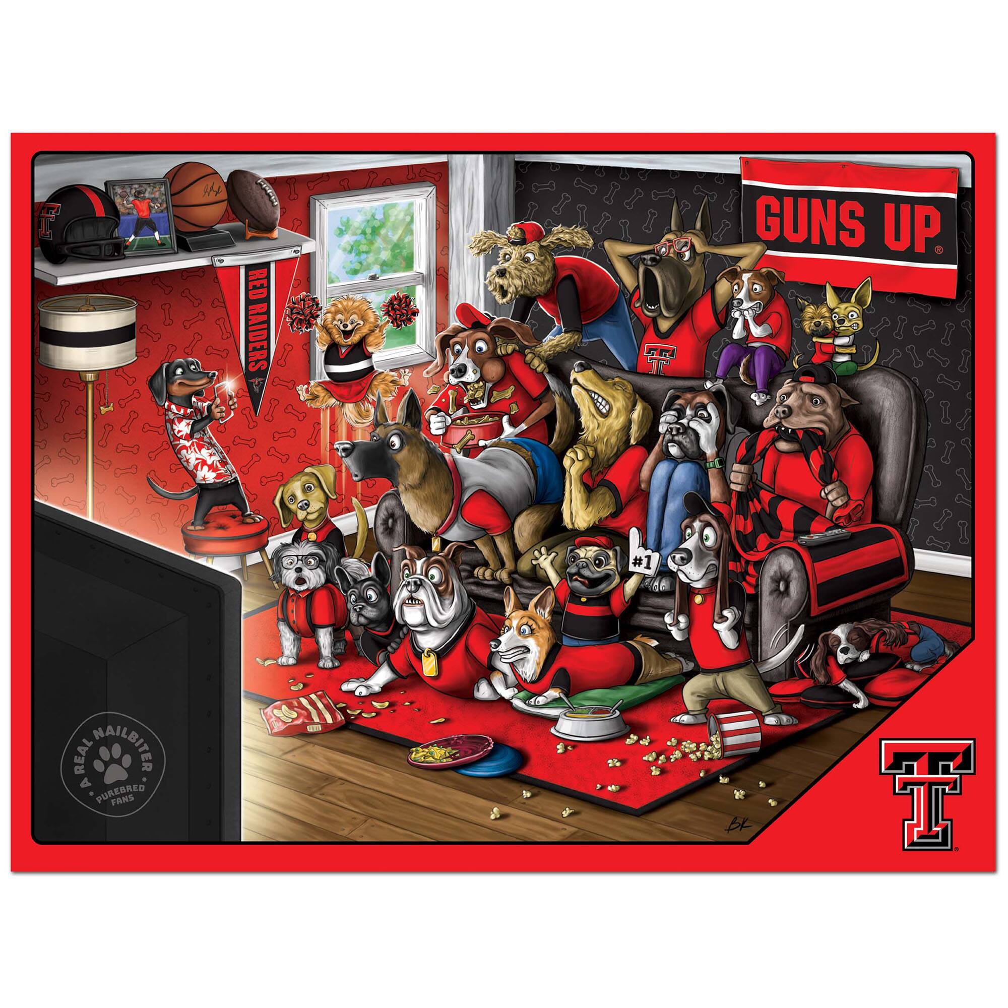 Sure, here is the corrected and grouped text from the image:

- "IH RED RAIDERS"
- "GUNS UP"
- "#1"
- "REAL WAILBITER A PUREBRED PANS"
- "ARIAL NAILBITER PURGEES FANS"
- "GUNS UP" (on the banner)
- "T" (logo in the bottom right corner)