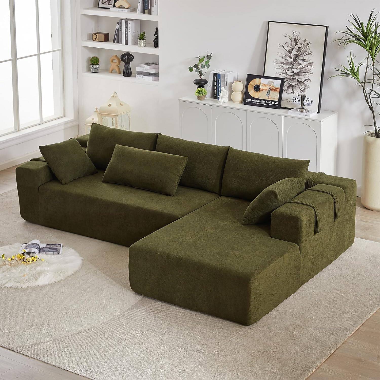 Trinkets Crazed - 108"Modular L Shaped Sectional Sofa Modern Comfy Corner Couches Sleeper Sofa with 6 Pillows(Right Chaise) - Green