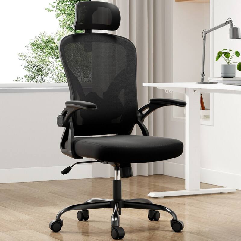 Angle. HTUTWOO - Ergonomic Office Chair with Adjustable Lumbar Support & Headrest, Space-Saving Flip-Up Armrests for Home Office,Gaming - Black.