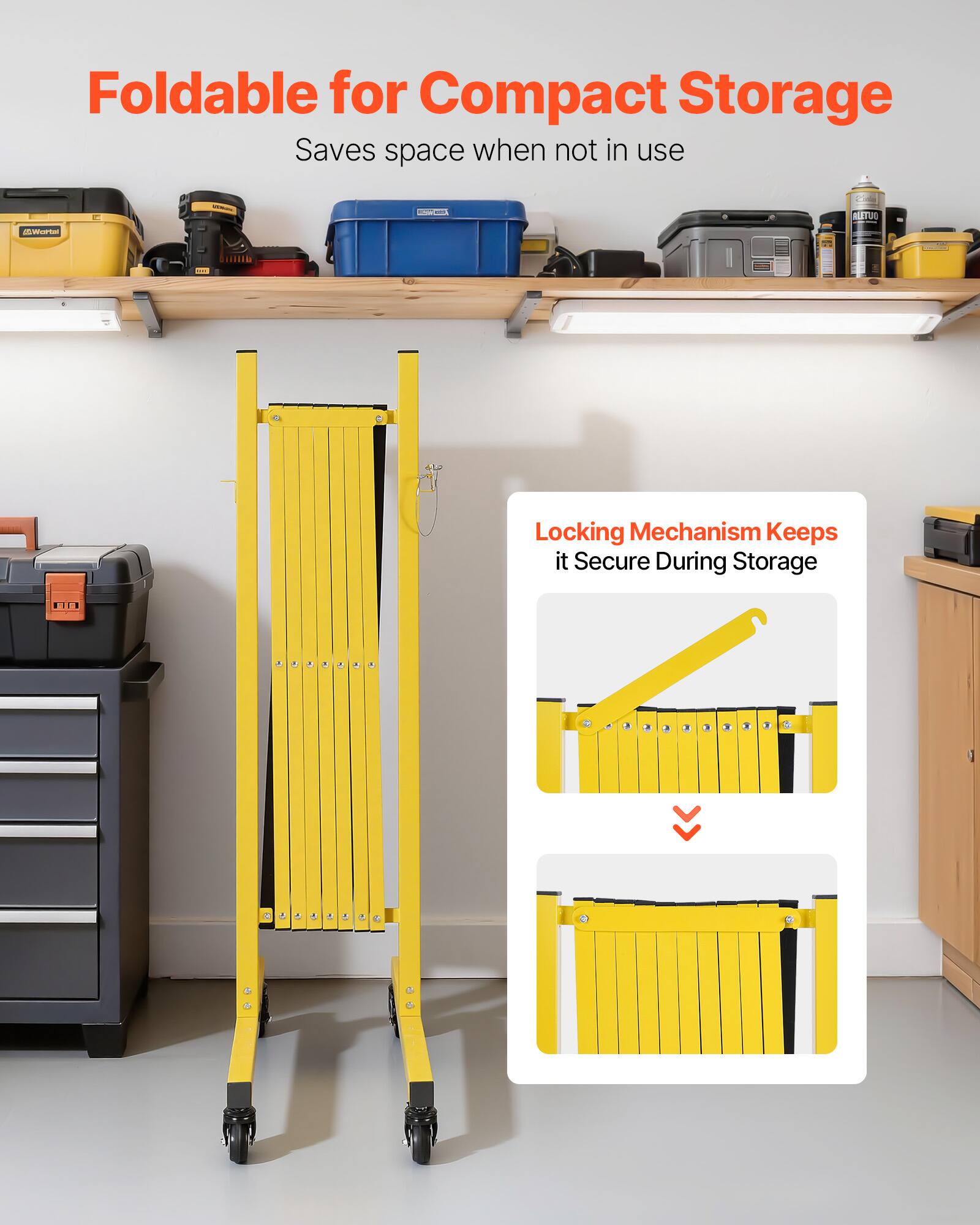 Foldable for Compact Storage  
Saves space when not in use  

Locking Mechanism Keeps it Secure During Storage
