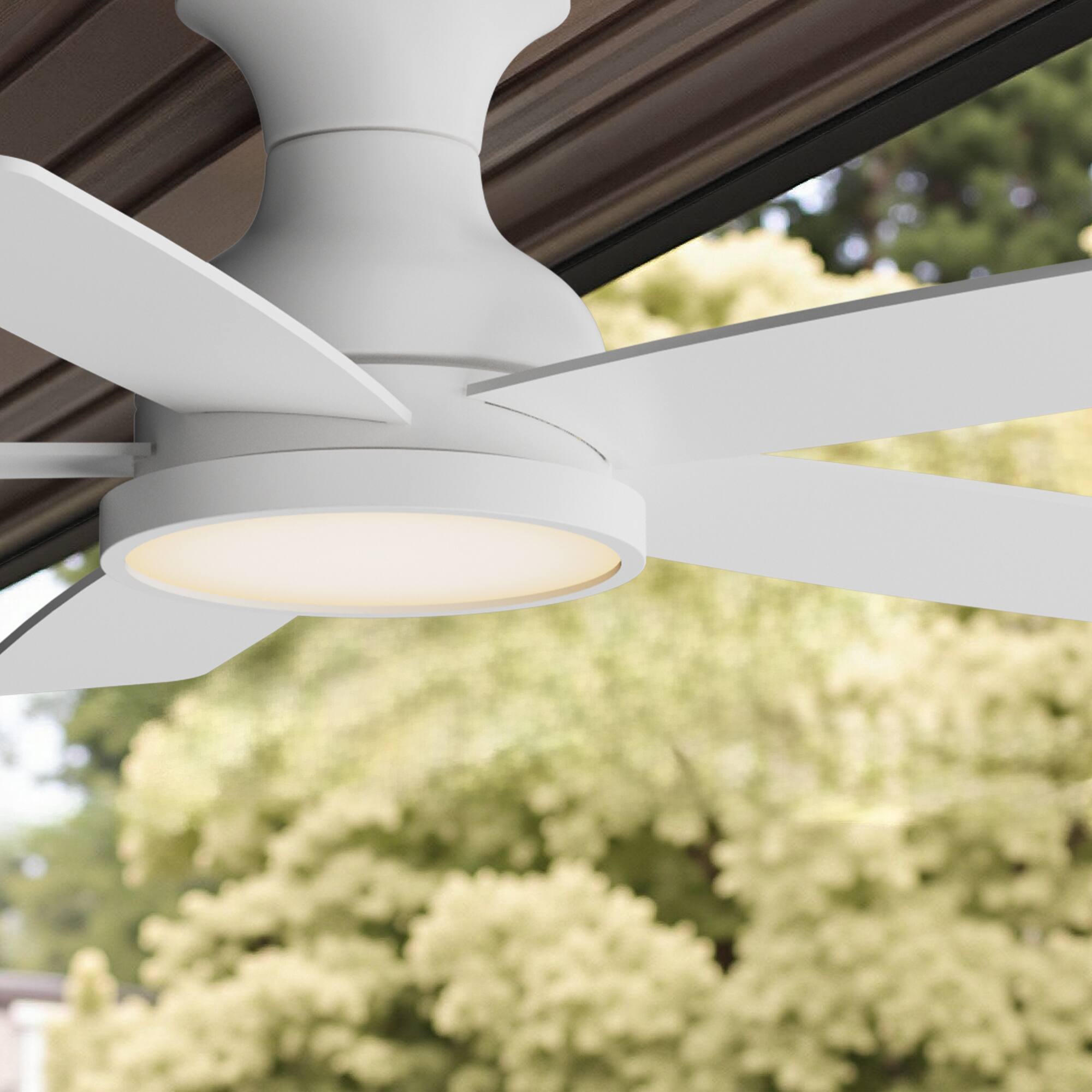 Back. Siljoy - 42 Inch 5 Blade Farmhouse Low Profile Flush Mount Ceiling Fan with LED Light and Remote for Bedroom Living Room - White.