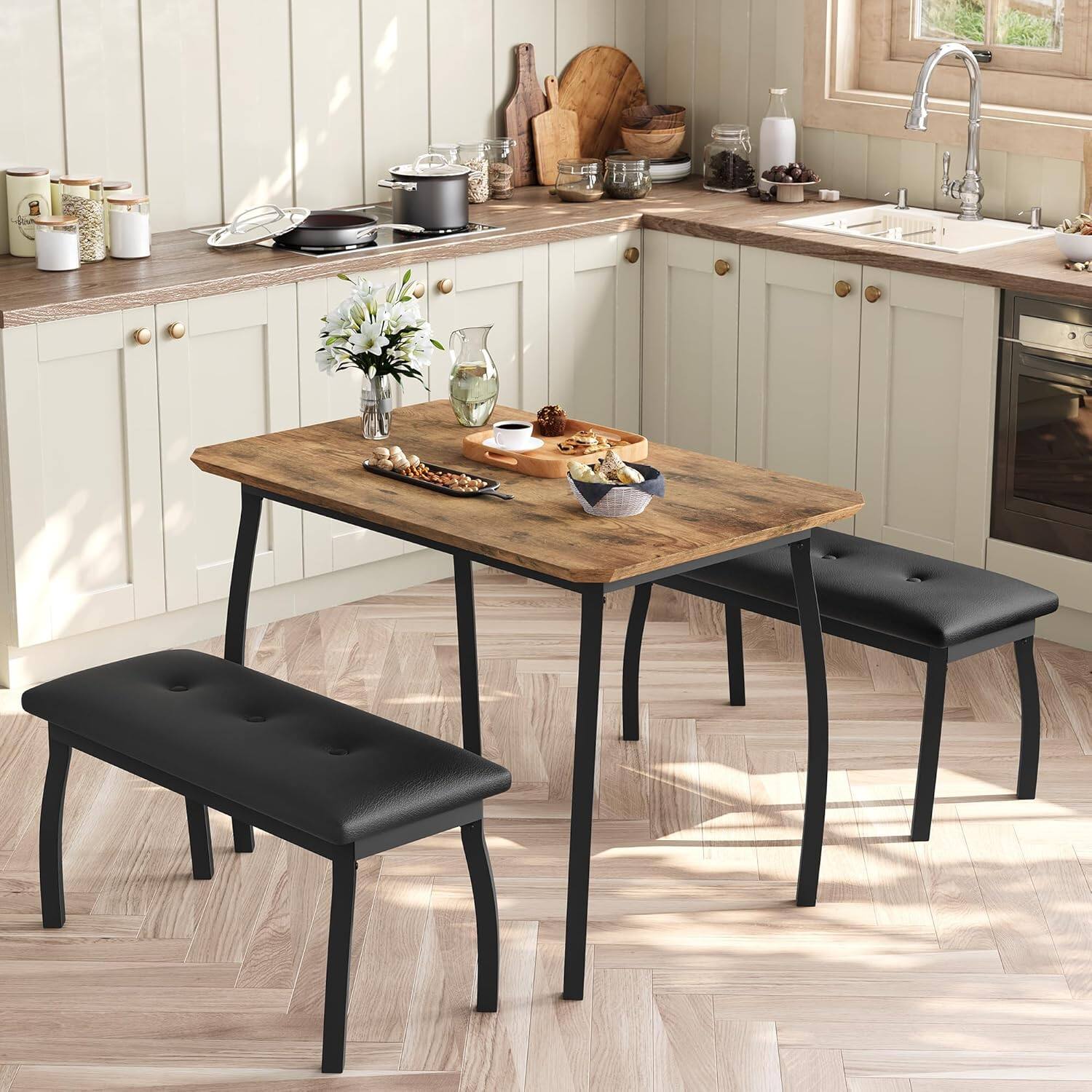 Angle. Qeetex - 3-Piece Farmhouse Table Set with 2 Benches, Compact 4-Seater for Small Spaces - Brown.