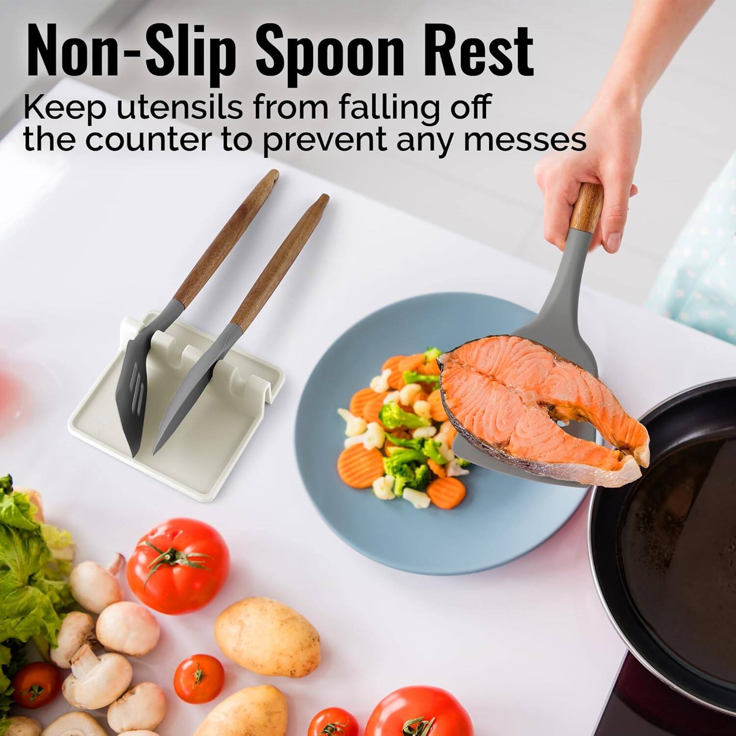 Non-Slip Spoon Rest  
Keep utensils from falling off the counter to prevent any messes