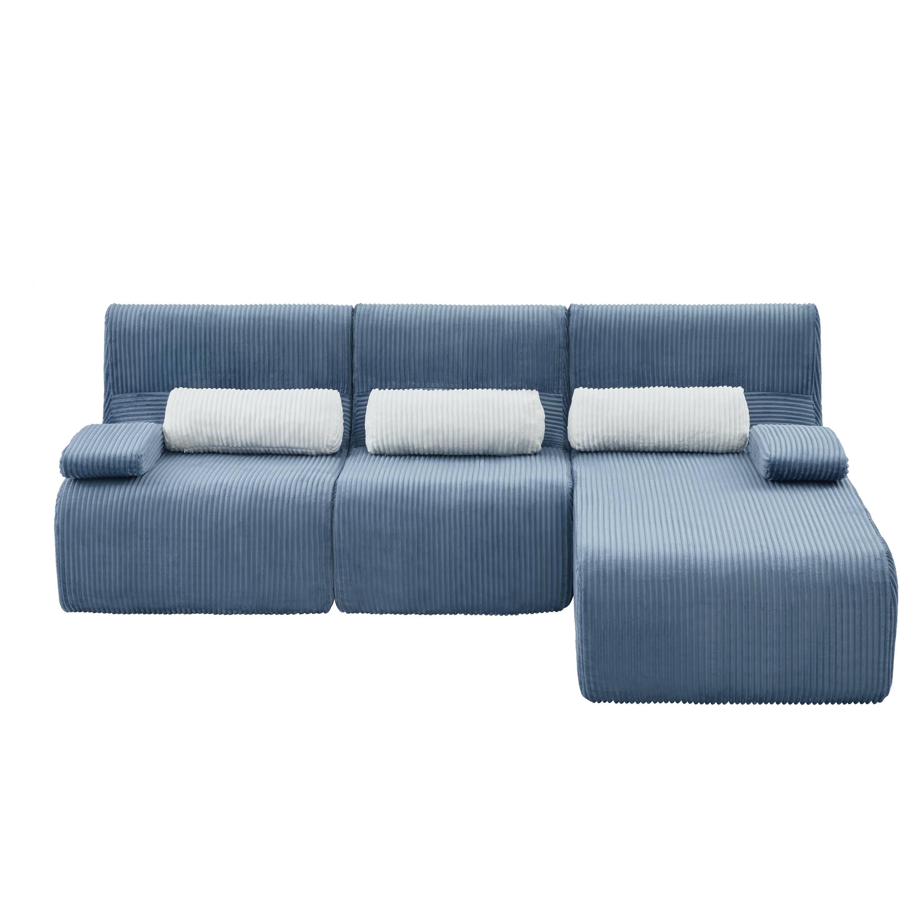 Back. Whisen - Modular L-Shaped Sectional Compressed Sofa with Soft Corduroy Upholstery, No Assembly Required - Blue.