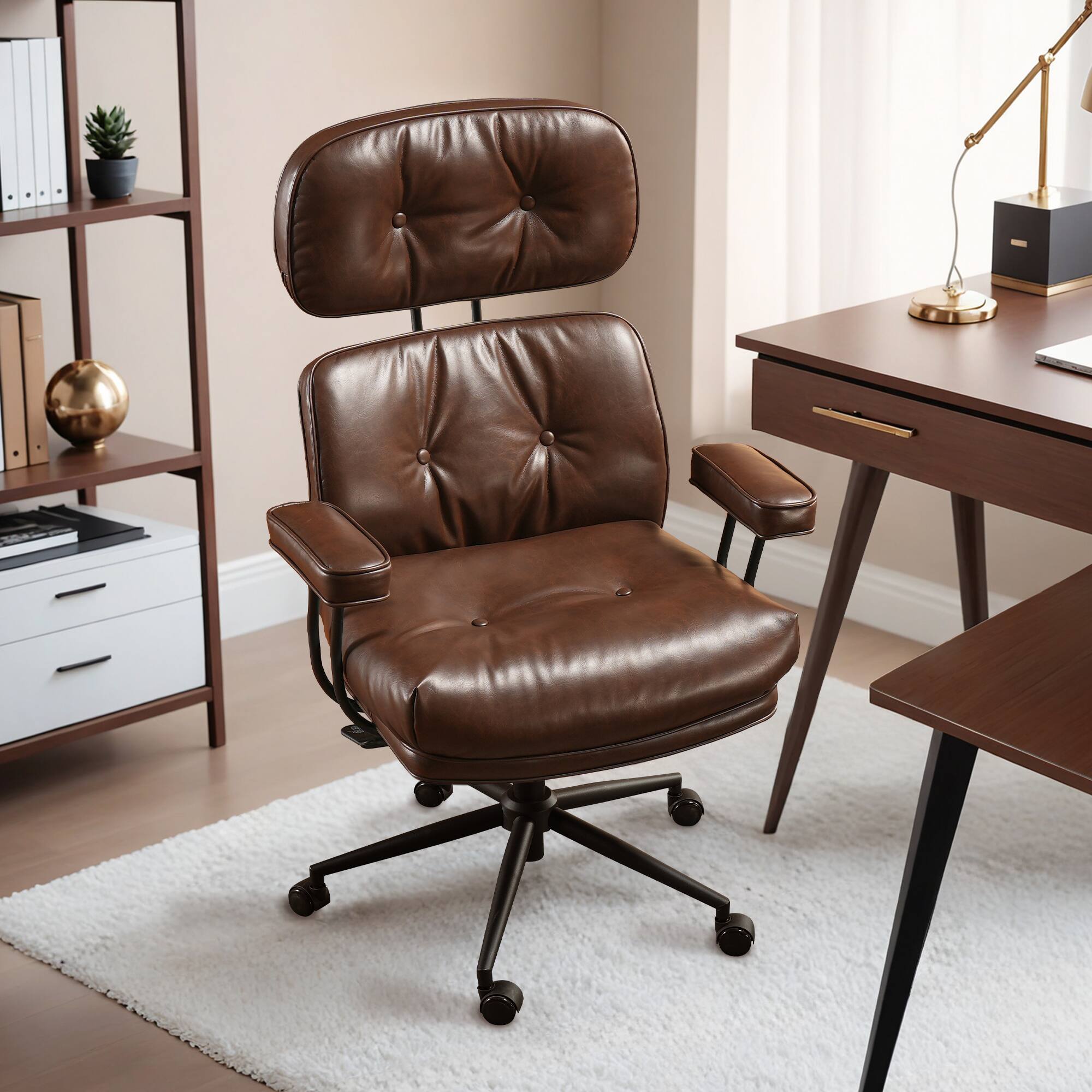 Front. Ovios - Big & Tall Executive Office Chair, 300lbs Capacity, Premium PU Leather with Padded Armrests - Dark Brwon.