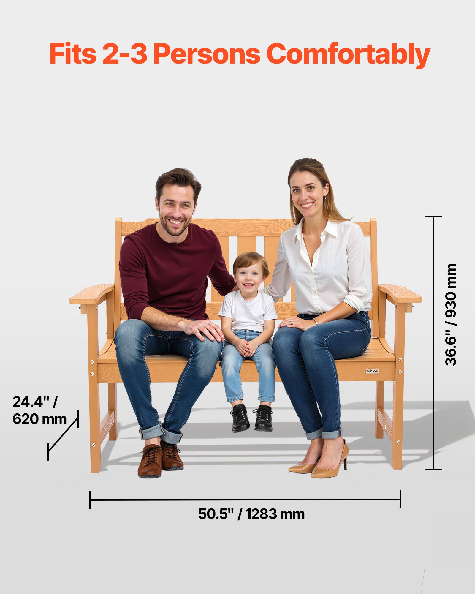 Fits 2-3 Persons Comfortably

- Width: 50.5" / 1283 mm
- Depth: 24.4" / 620 mm
- Height: 36.6" / 930 mm