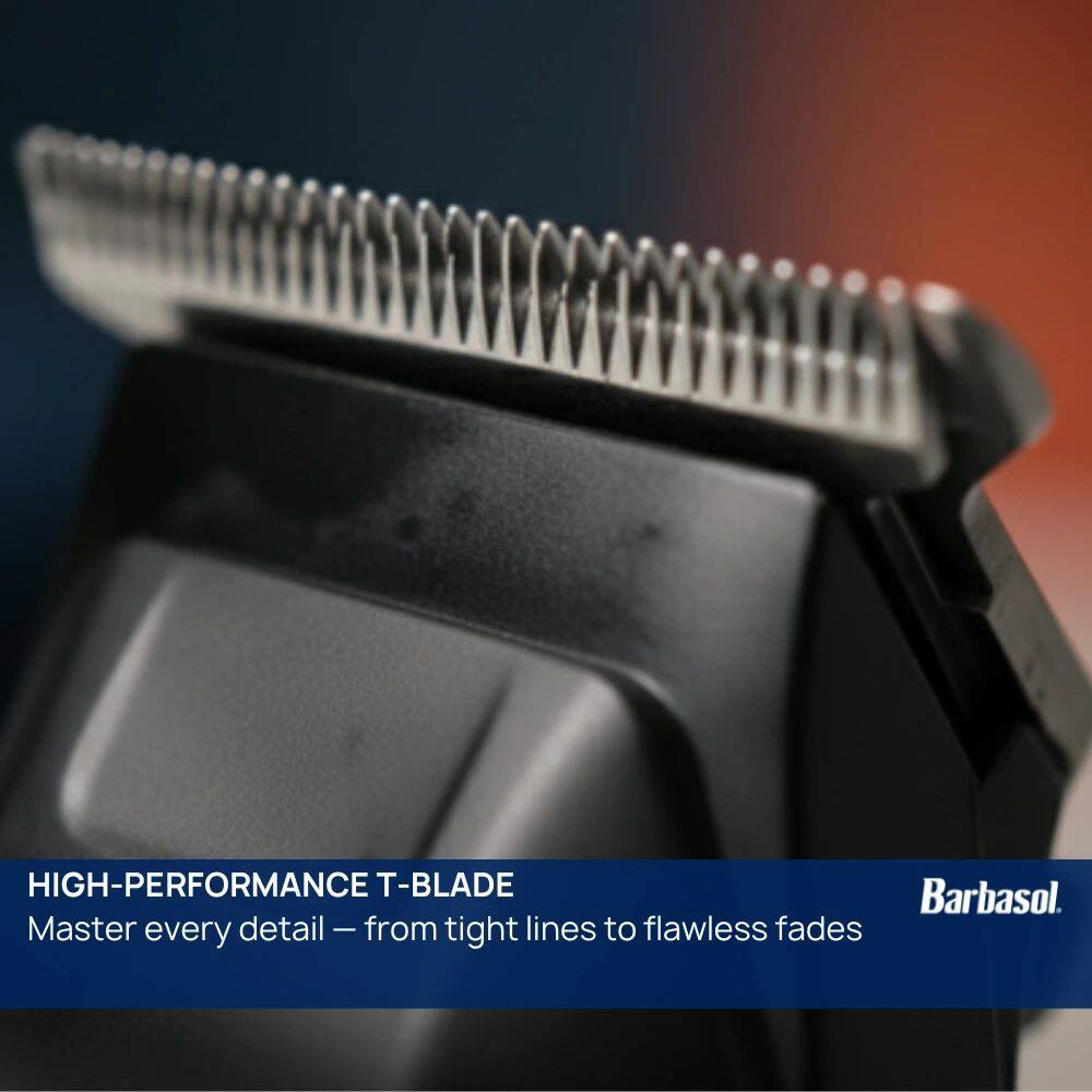 HIGH-PERFORMANCE T-BLADE  
Barbasol.  
Master every detail - from tight lines to flawless fades