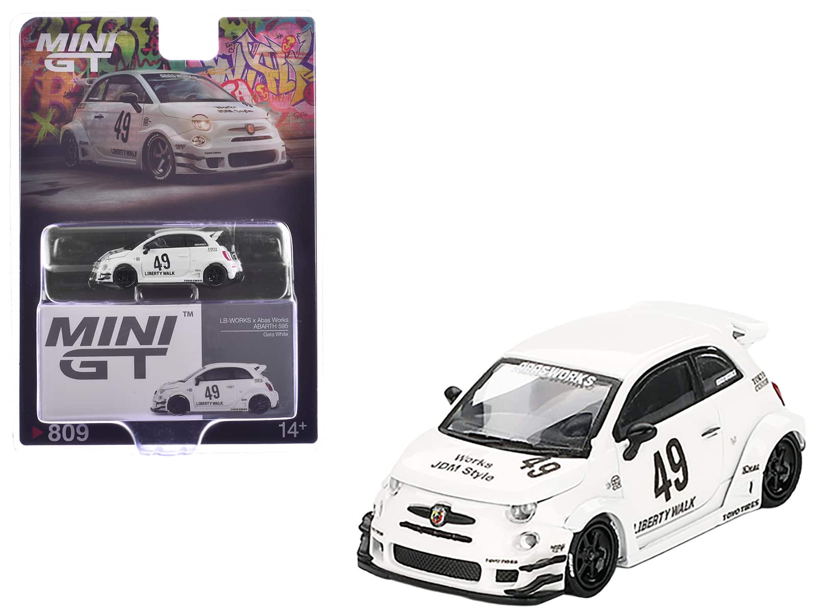 True Scale Miniatures - ABARTH 595 #49 "LB-Works x Abas Works" Gara White Limited Edition 1/64 Diecast Model Car by Mini GT