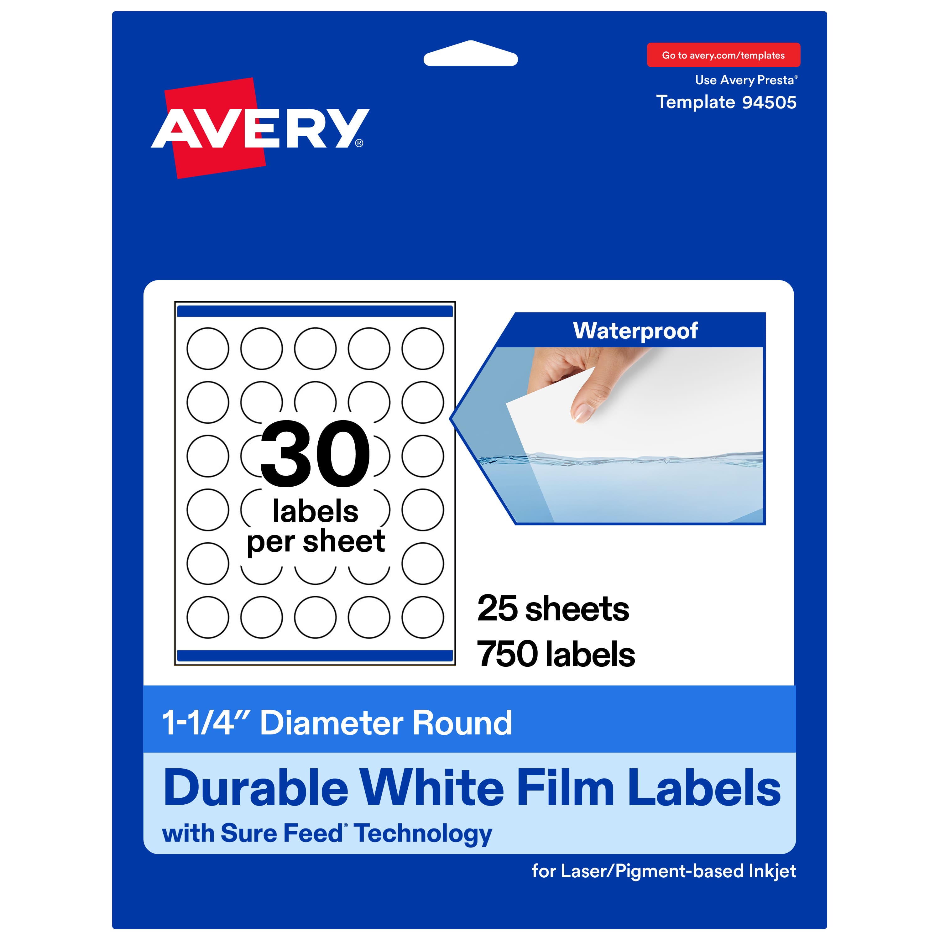 Avery - 1-1/4" diameter Waterproof Round Labels, 750 Labels - White