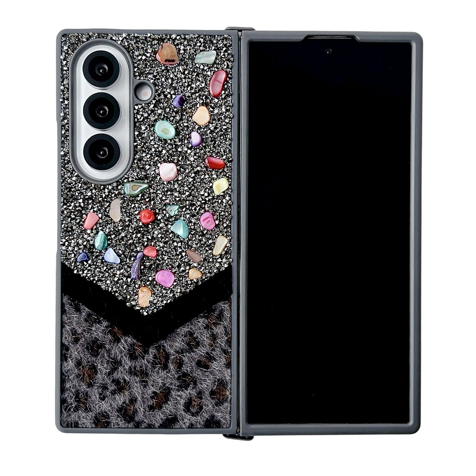 Left. Dteck - Shockproof Phone Case for Samsung Galaxy Z Fold7 with Beaded Wrist Strap, Glitter Rhinestone Hard PC Protective Cover - Black.