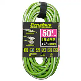PowerSmith - 1-Outlet 15 Amp 3-Prong Grounded Heavy-Duty Rubber-Jacket Outdoor Locking Extension Cord 12-Gauge 50 ft - Green