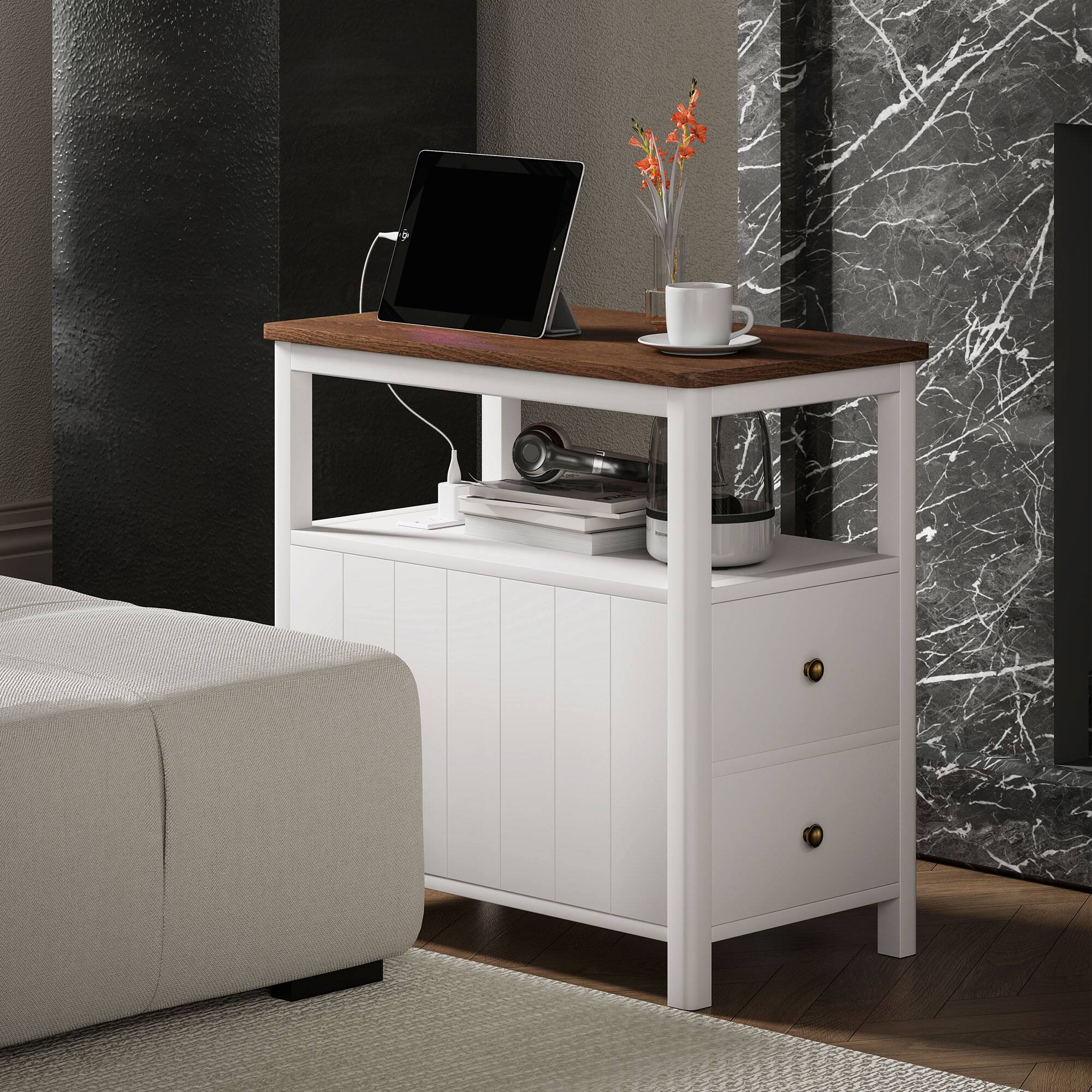 Alt View 5. Homcom - Modern End Table with Charging Station and USB Ports, Narrow Side Table with Drawers & Shelf for Living Room - White.
