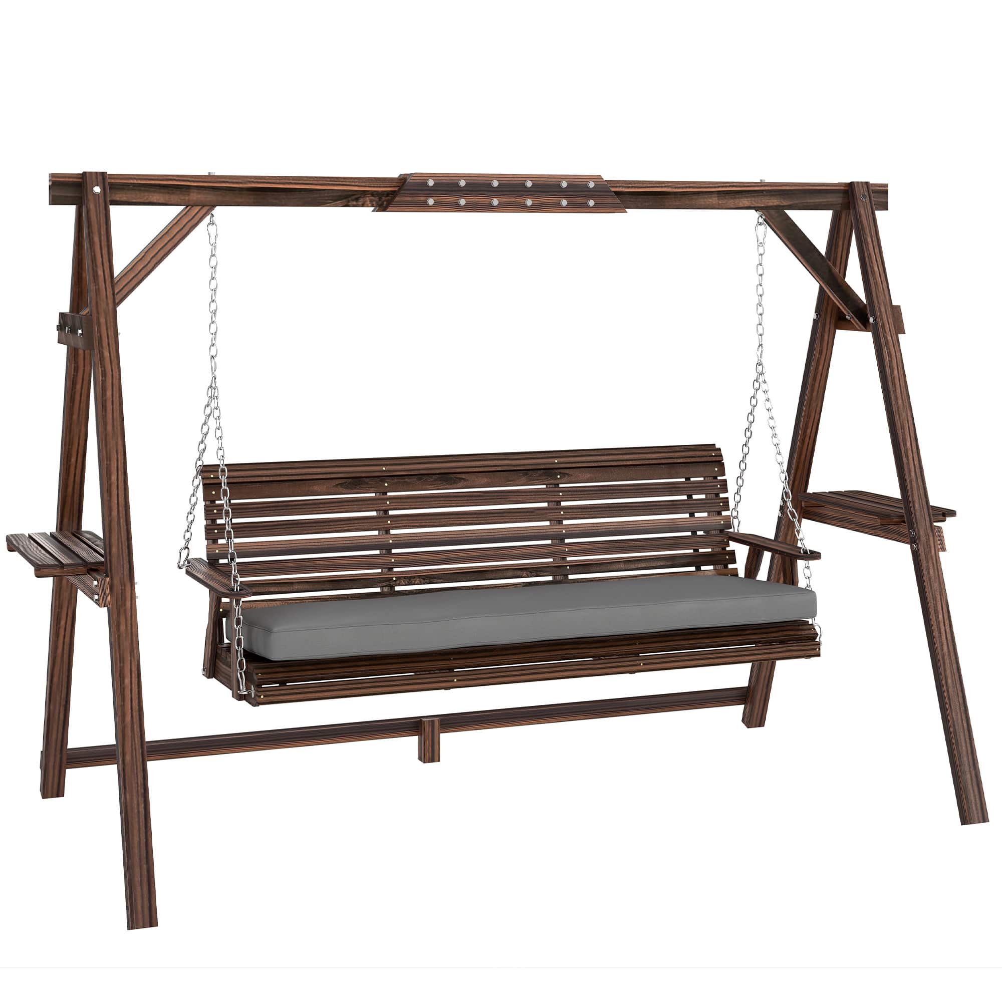 Outsunny - 3 Seat Porch Swing with Stand, Wooden Patio Swing Chair with Cushion, Side Trays and Metal Chains