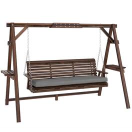 Outsunny - 3 Seat Porch Swing with Stand, Wooden Patio Swing Chair with Cushion, Side Trays and Metal Chains
