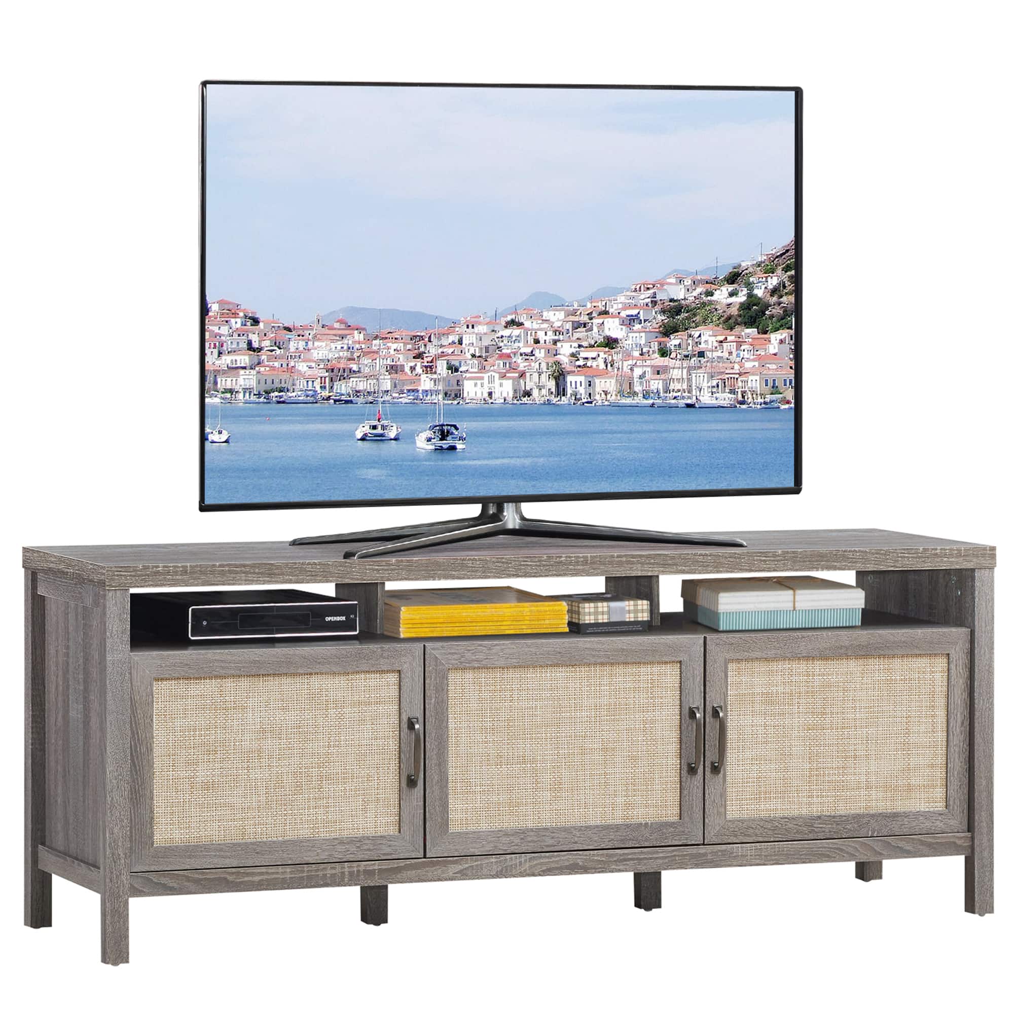 Front. Costway - TV Stand Entertainment Media Center for TV's up to 65'' w/ Rattan Doors Grey Oak - Gray Oak.