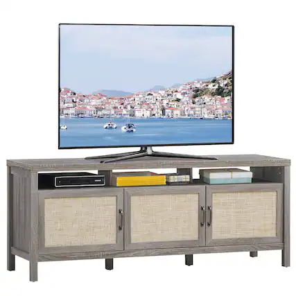 Front. Costway - TV Stand Entertainment Media Center for TV's up to 65'' w/ Rattan Doors Grey Oak - Gray Oak.