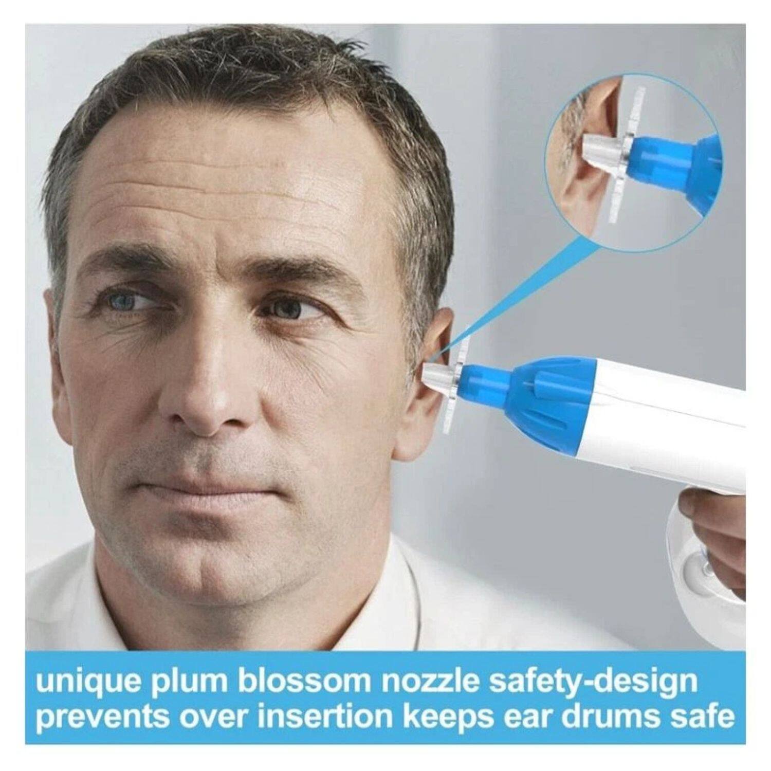 unique plum blossom nozzle safety-design prevents over insertion keeps ear drums safe