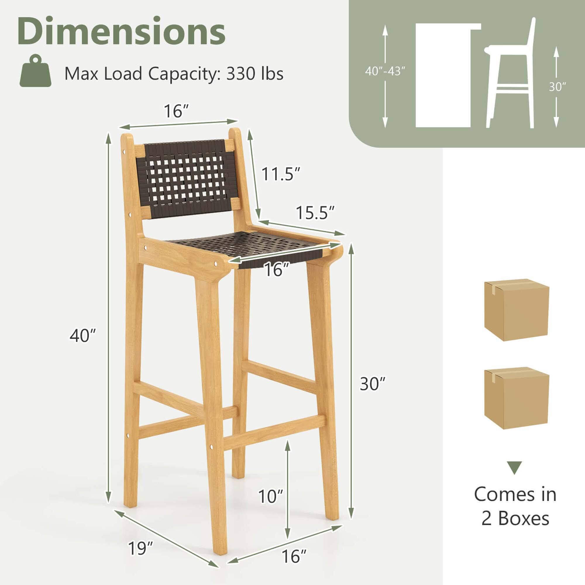 Dimensions: Max Load Capacity: 330 lbs. 16" 40"-43" 30" 11.5" 15.5" 16" 40" 30" 19" 10" 16" Comes in 2 Boxes.