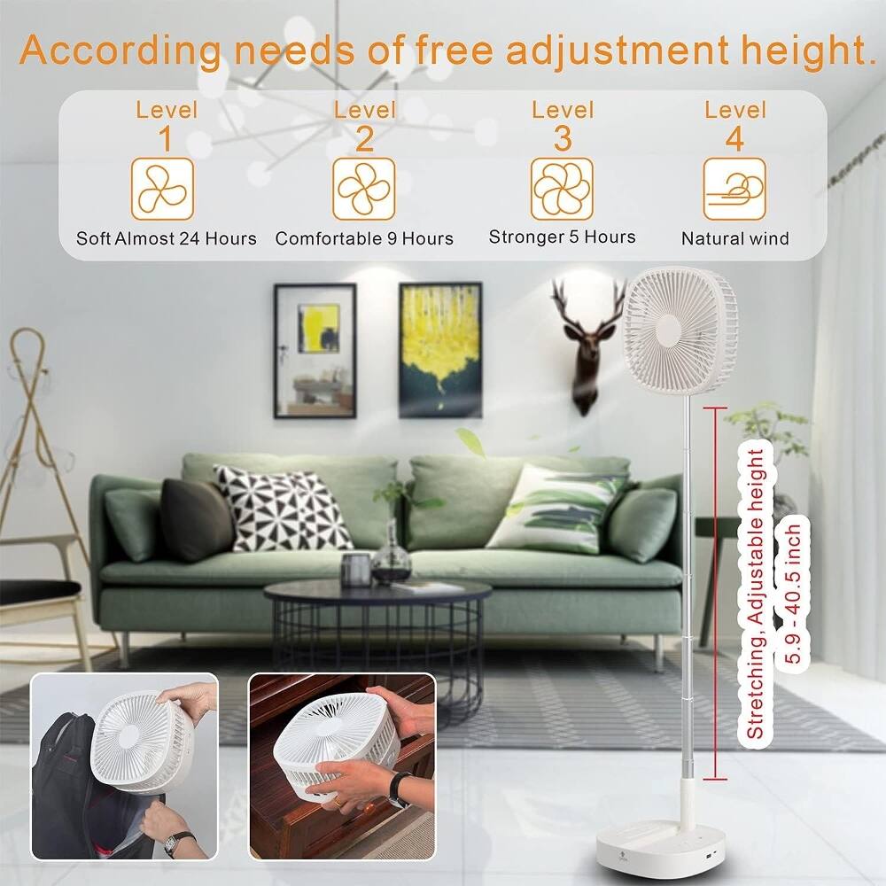 According to the needs of free adjustment height.  
Level 1: Soft Almost 24 Hours  
Level 2: Comfortable 9 Hours  
Level 3: Stronger 5 Hours  
Level 4: Natural wind  
Stretching, Adjustable height: 5.9 - 40.5 inches