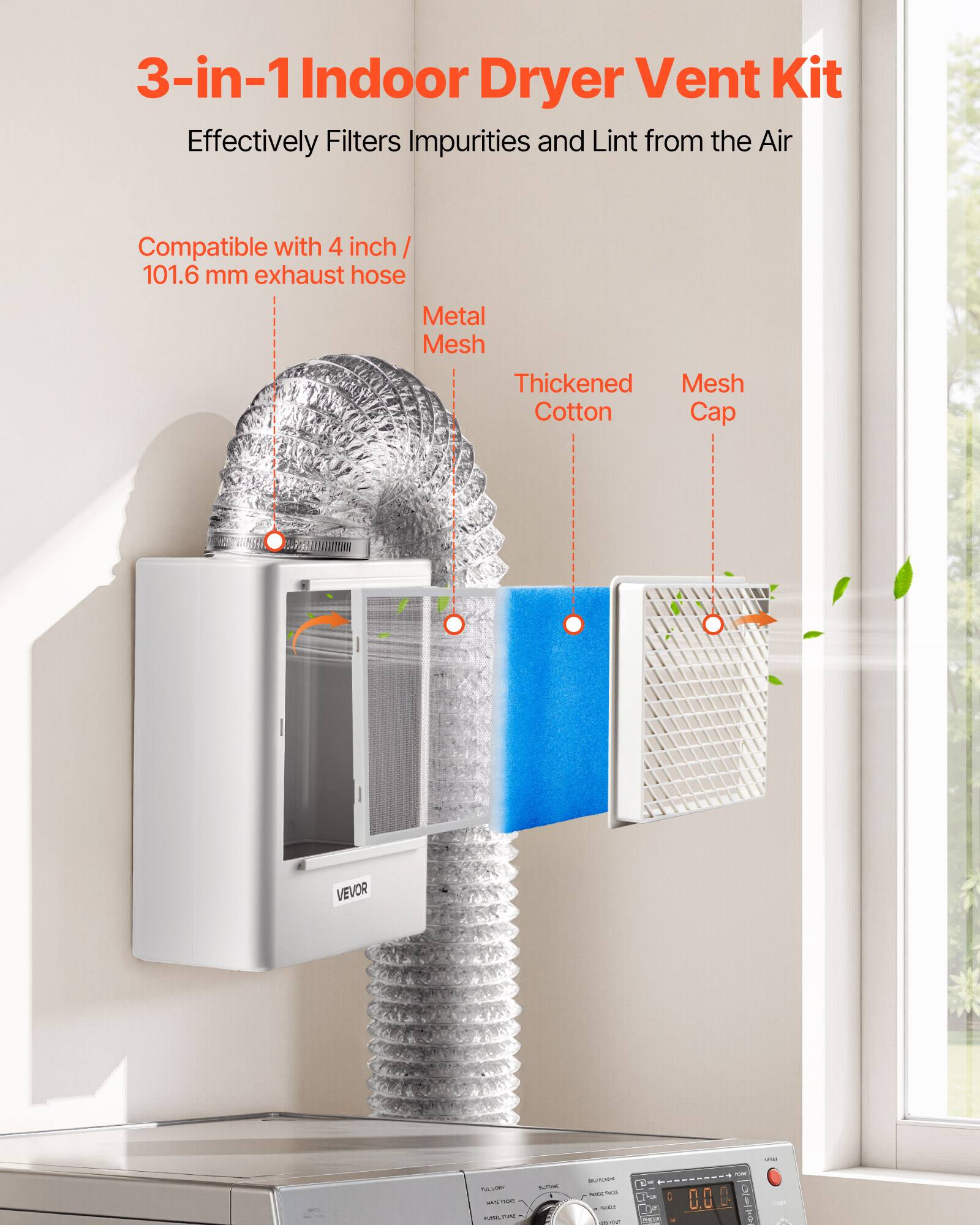 3-in-1 Indoor Dryer Vent Kit Effectively Filters Impurities and Lint from the Air Compatible with 4 inch / 101.6 mm exhaust hose Metal Mesh Thickened Mesh Cotton Cap VEVOR