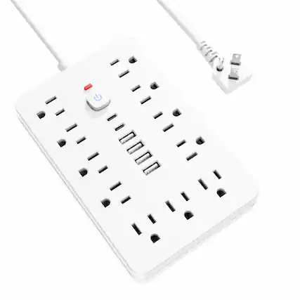 Front. Dazzed Corner - 11 Outlets Surge Protector Power Strip, 5FT Extension Cord - White.