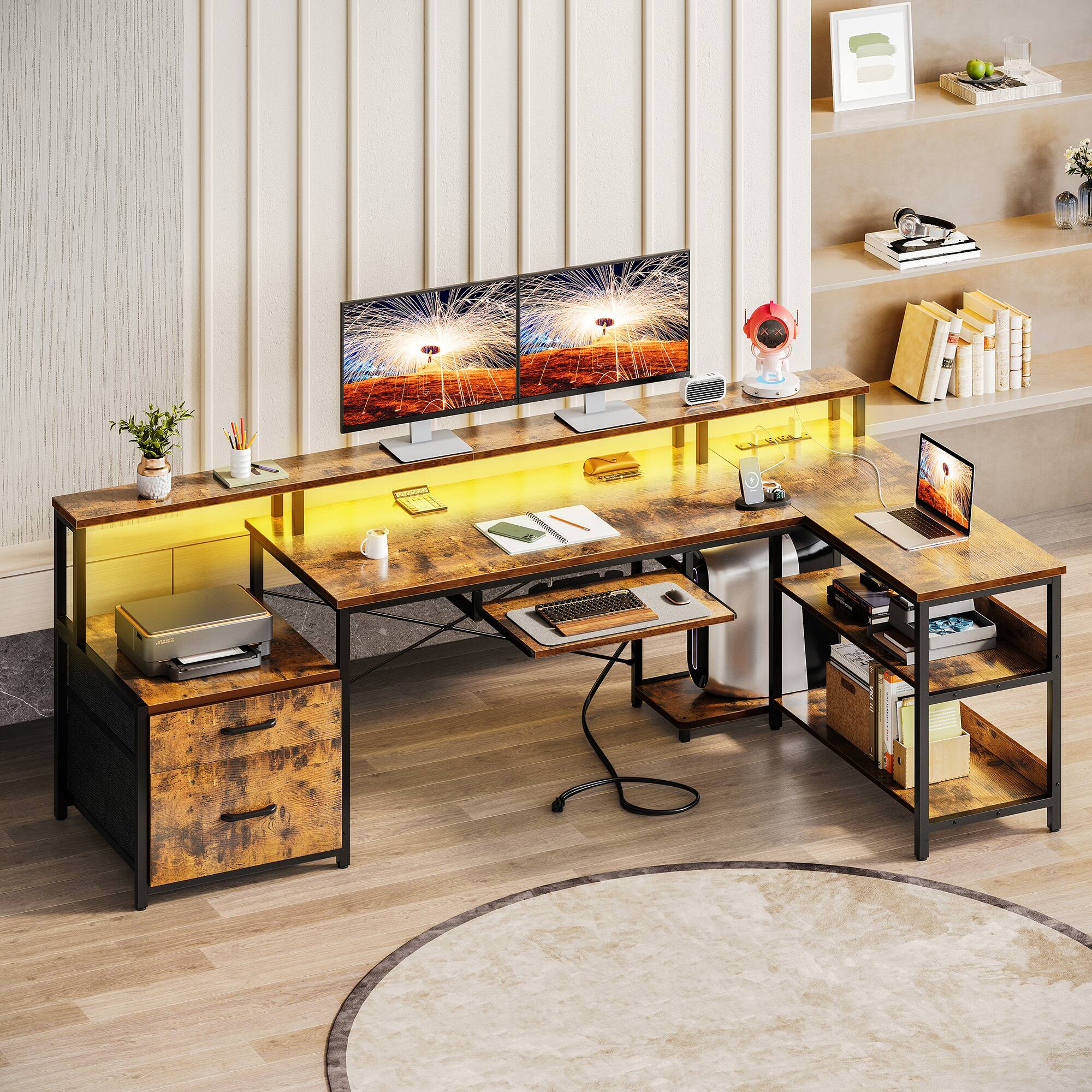 Alt View 2. AODK - L-Shaped Reversible Computer Desk with LED Lights, File Drawer, Power Outlets, Storage Shelves & Keyboard Tray - Brown.