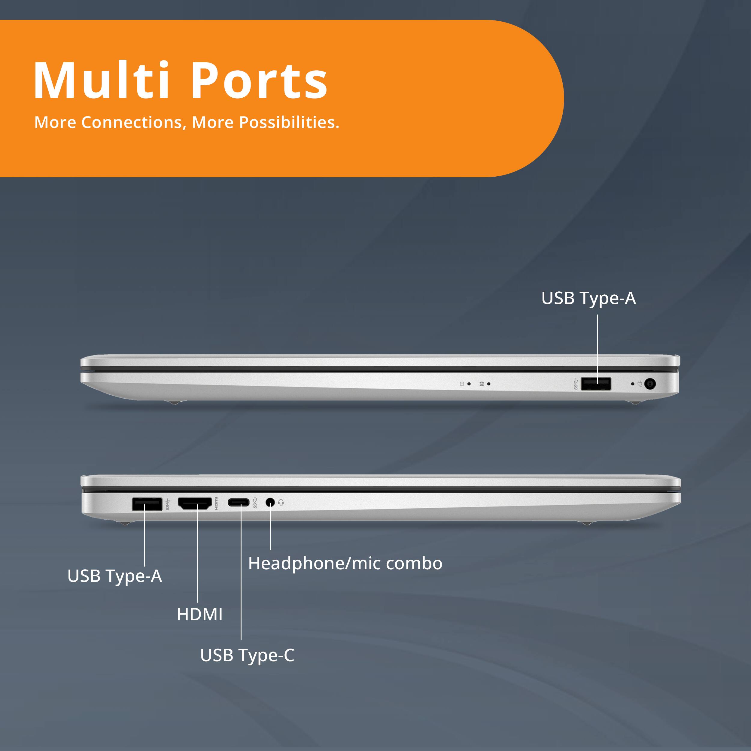 Multi Ports  
More Connections, More Possibilities.

- USB Type-A
- USB Type-A
- Headphone/mic combo
- HDMI
- USB Type-C