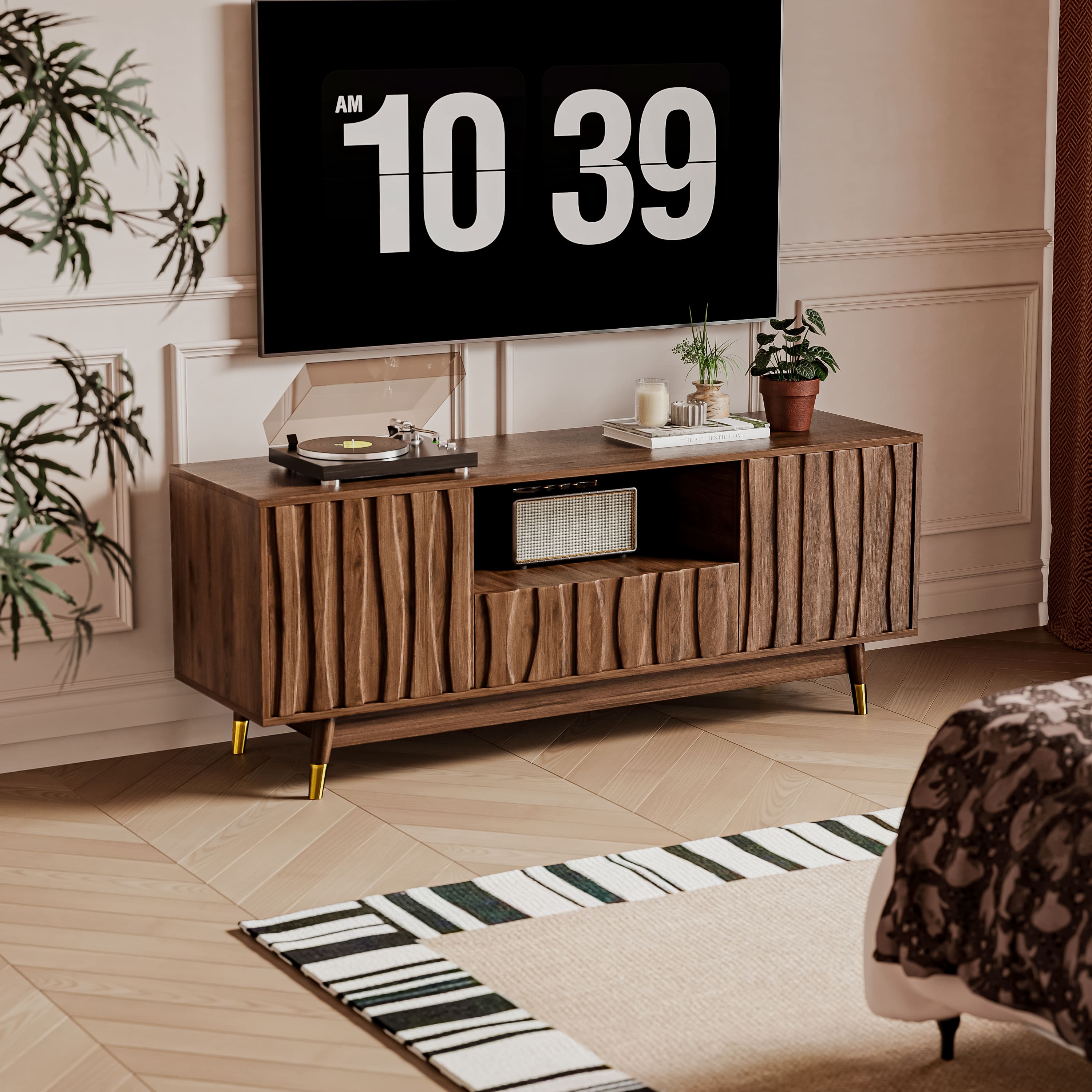 MSOOB - 55" Wooden TV Stand Mid-Century Modern Media Console with Storage and Drawer for Apartment - Brown