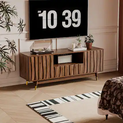 Front. MSOOB - 55" Wooden TV Stand Mid-Century Modern Media Console with Storage and Drawer for Apartment - Brown.