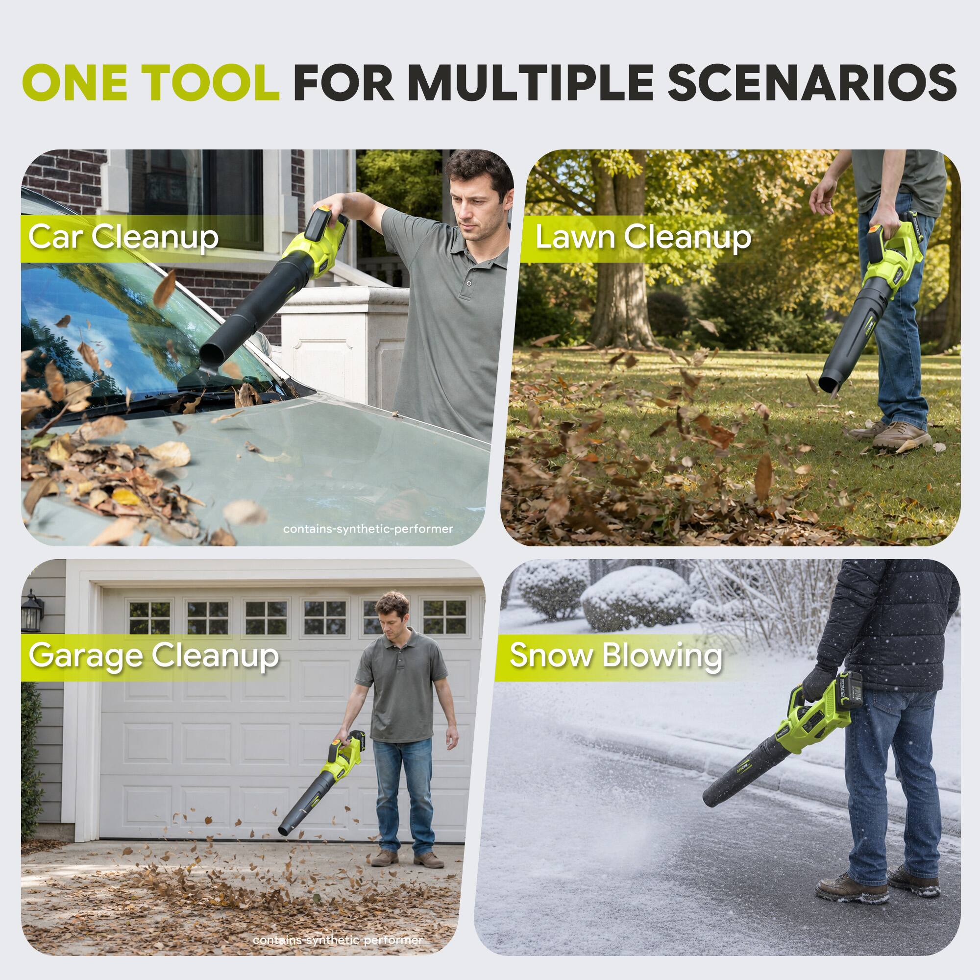 ONE TOOL FOR MULTIPLE SCENARIOS

Car Cleanup
Lawn Cleanup
contains-synthetic-performer
Garage Cleanup
Snow Blowing
contains synthetic performer