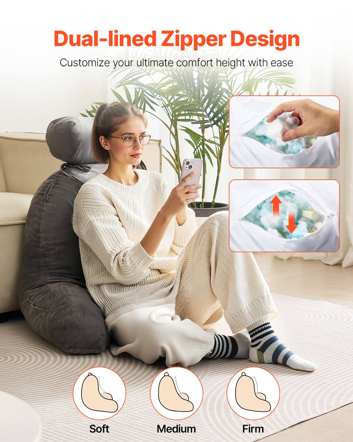 Dual-lined Zipper Design  
Customize your ultimate comfort height with ease  

Soft  
Medium  
Firm