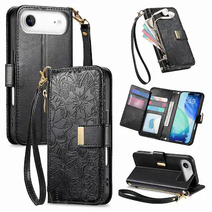 Front. UUCOVER - Floral PU Leather Wallet Case for Apple iPhone Air with Zipper Pocket, Card Slots,Shoulder & Wrist Strap, Stand Cover - Black.