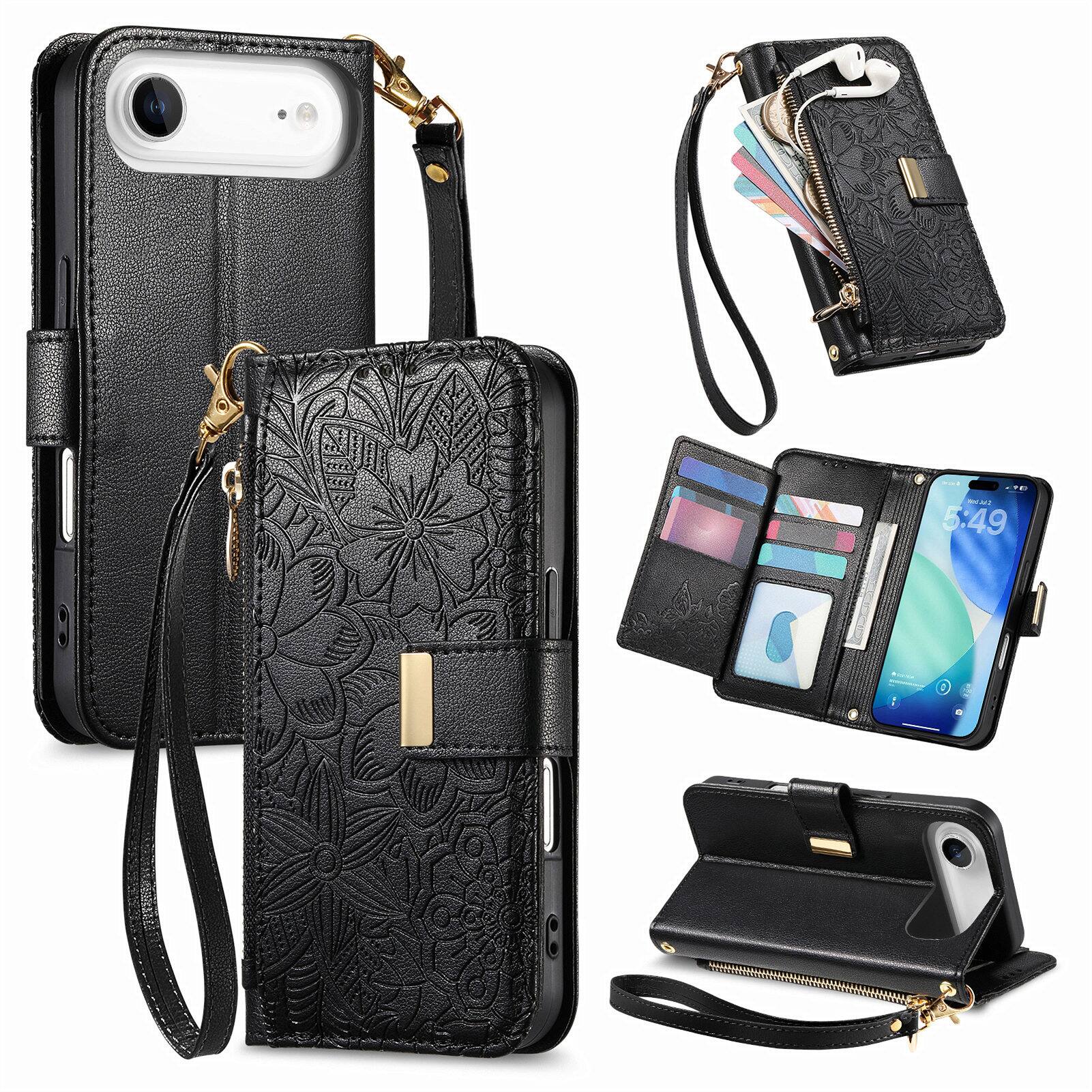 Angle. Dteck - Floral Embossed Leather Zipper Cash Slot Wallet Case for Apple iPhone Air with Detachable Strap - Black.