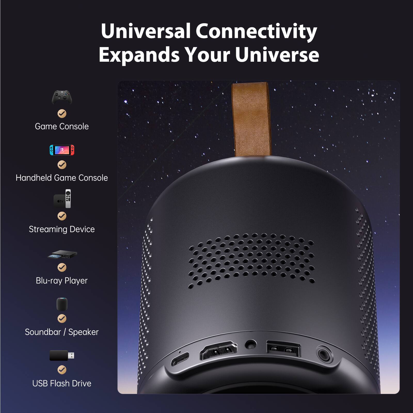 Universal Connectivity Expands Your Universe

- Game Console
- Handheld Game Console
- Streaming Device
- Blu-ray Player
- Soundbar / Speaker
- USB Flash Drive