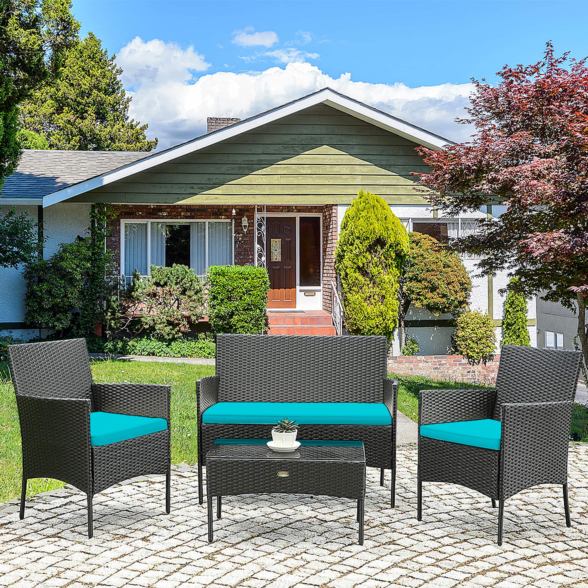 Gymax - 4PCS Outdoor Furniture Set Patio Rattan Conversation Set w/ Cushion - Turquoise price history on PriceWatchPro