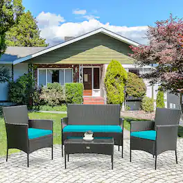 Gymax - 4PCS Outdoor Furniture Set Patio Rattan Conversation Set w/ Cushion - Turquoise