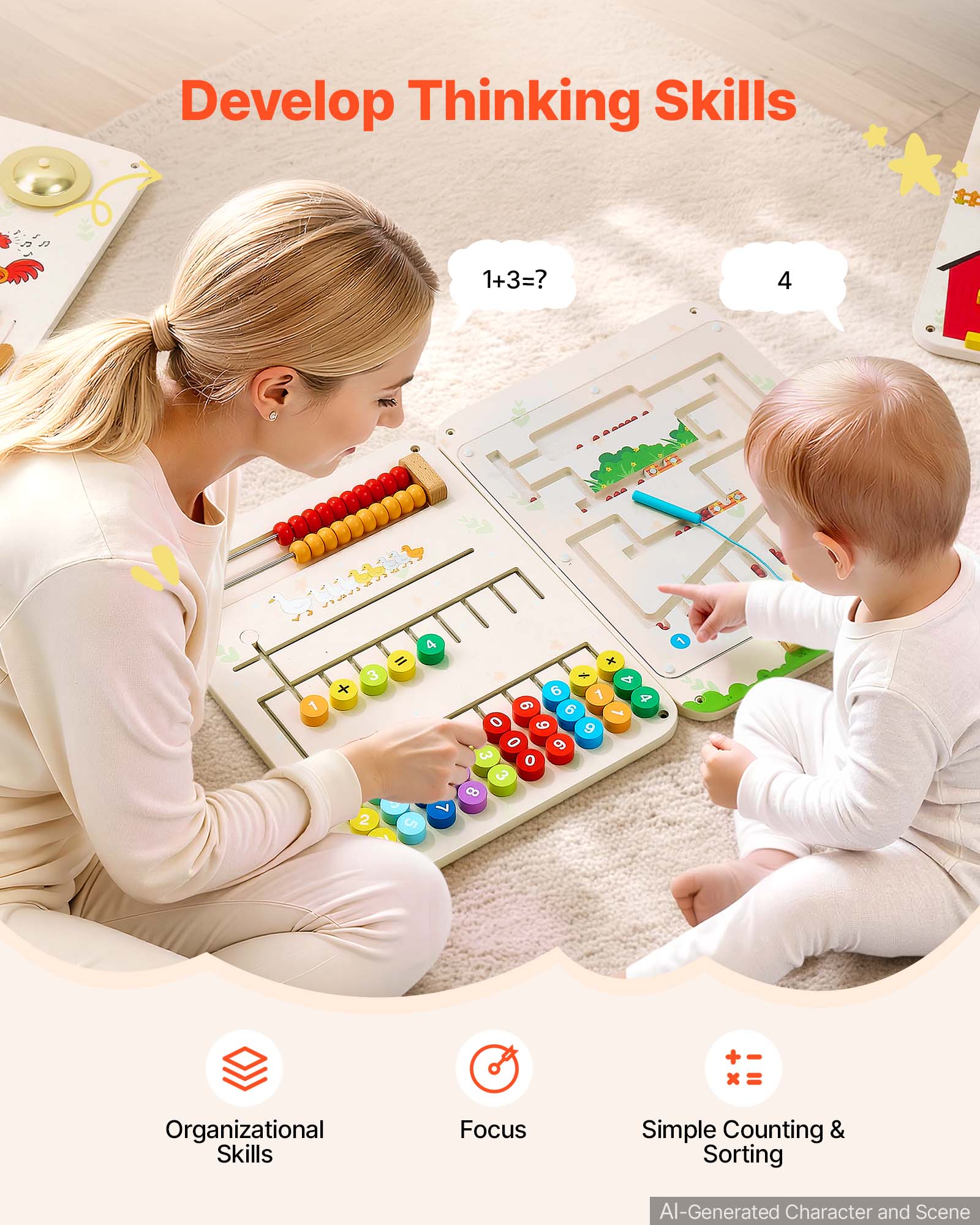 Develop Thinking Skills

1+3=?
4

1
3 + 2
4 5

X 6 1 6 6 0 e 9 0 6 & 0 3 8

D+ 4
1
+ x

Organizational Skills
Focus
Simple Counting & Sorting

AI-Generated Character and Scene