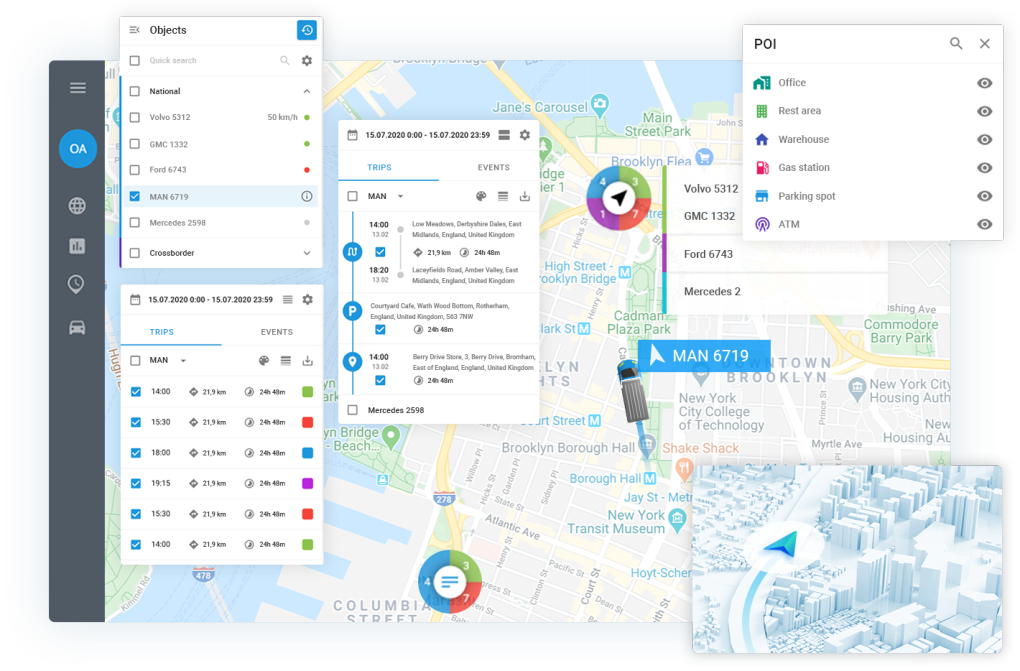 Sure, here is the corrected and grouped text:

---

**Objects**

- Quick search
- National
- Volvo 5312 (50 km/h)
- GMC 1332
- Ford 6743
- MAN 6719
- Mercedes 2598
- Crossborder

**TRIPS**

- 15.07.2020 0:00 - 15.07.2020 23:59
  - MAN
    - 14:00 - Low Meadows, Derbyshire Dales, East Midlands, England, United Kingdom (21.9 km, 24h 48m)
    - 18:20 - Laceyfields Road, Amber Valley, East Midlands, England, United Kingdom (21.9 km, 24h 48m)
    - 19:15 - Courtyard Cafe, Wath Wood Bottom, Rotherham, England, United Kingdom (21.9 km, 24h 48m)
    - 15:30 - Berry Drive, Bromham, East of England, United