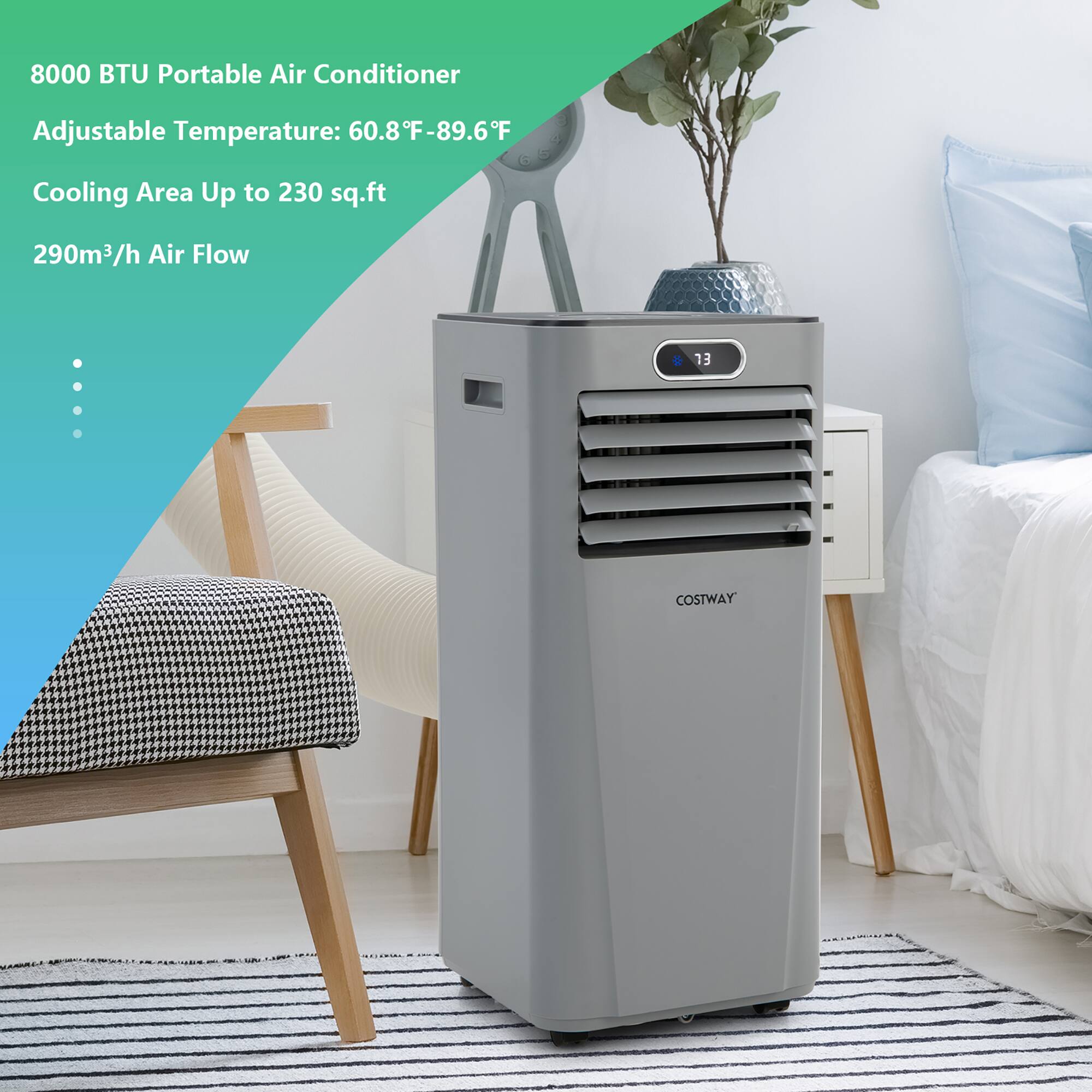 8000 BTU Portable Air Conditioner with Adjustable Temperature: 60.8F-89.6F Cooling Area Up to 230 sq.ft 290m3/h Air Flow. 13 COSTWAY.