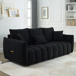 Meqiodas - 79.5" Premium Teddy fabric Sofa with 3 Back Pillows and 3 back Cushions Solid Wood Frame 3-Seater Sofa - Black