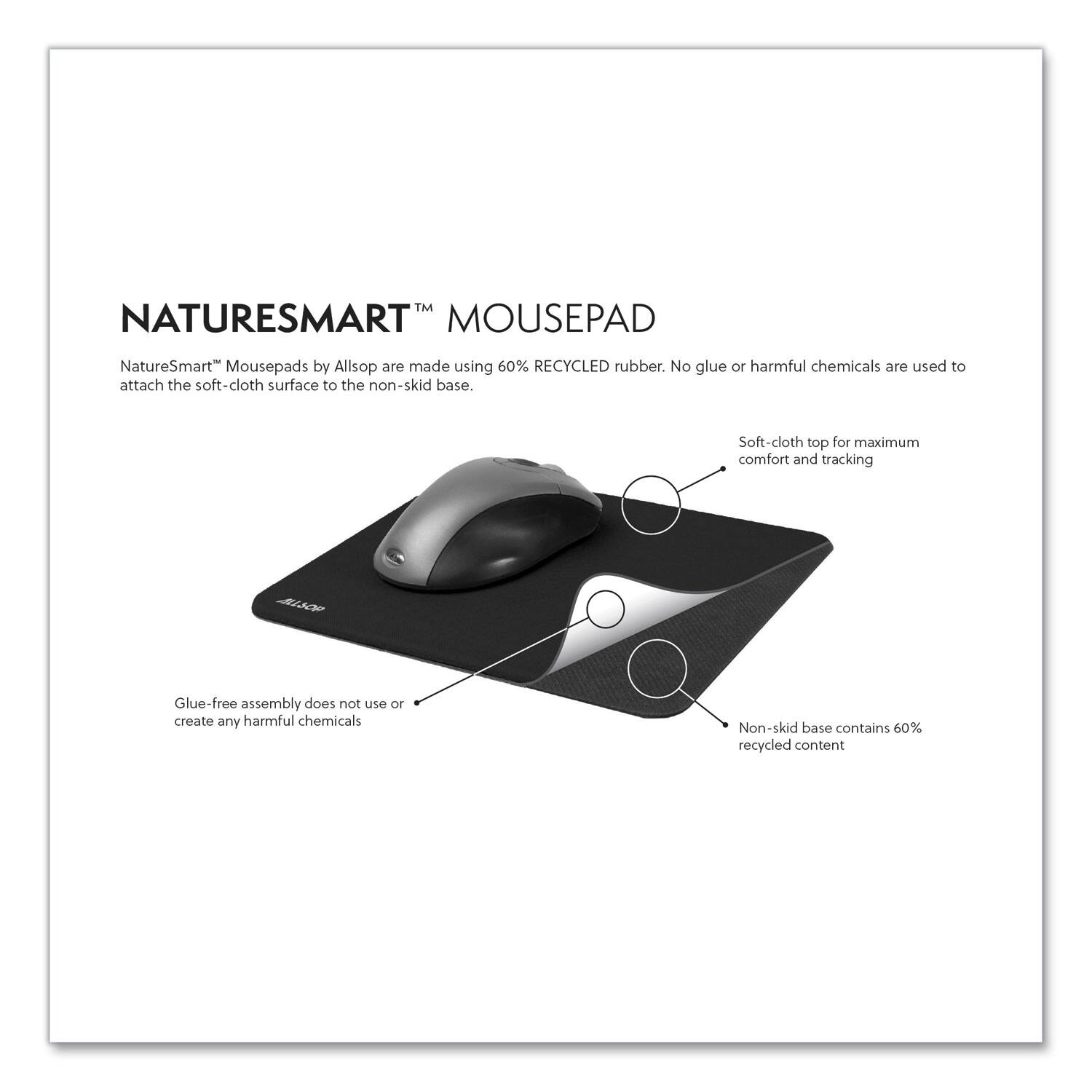 NATURESMART MOUSEPAD

NatureSmart™ Mousepads by Allsop are made using 60% RECYCLED rubber. No glue or harmful chemicals are used to attach the soft-cloth surface to the non-skid base.

- Soft-cloth top for maximum comfort and tracking
- Non-skid base contains 60% recycled content
- Glue-free assembly does not use or create any harmful chemicals