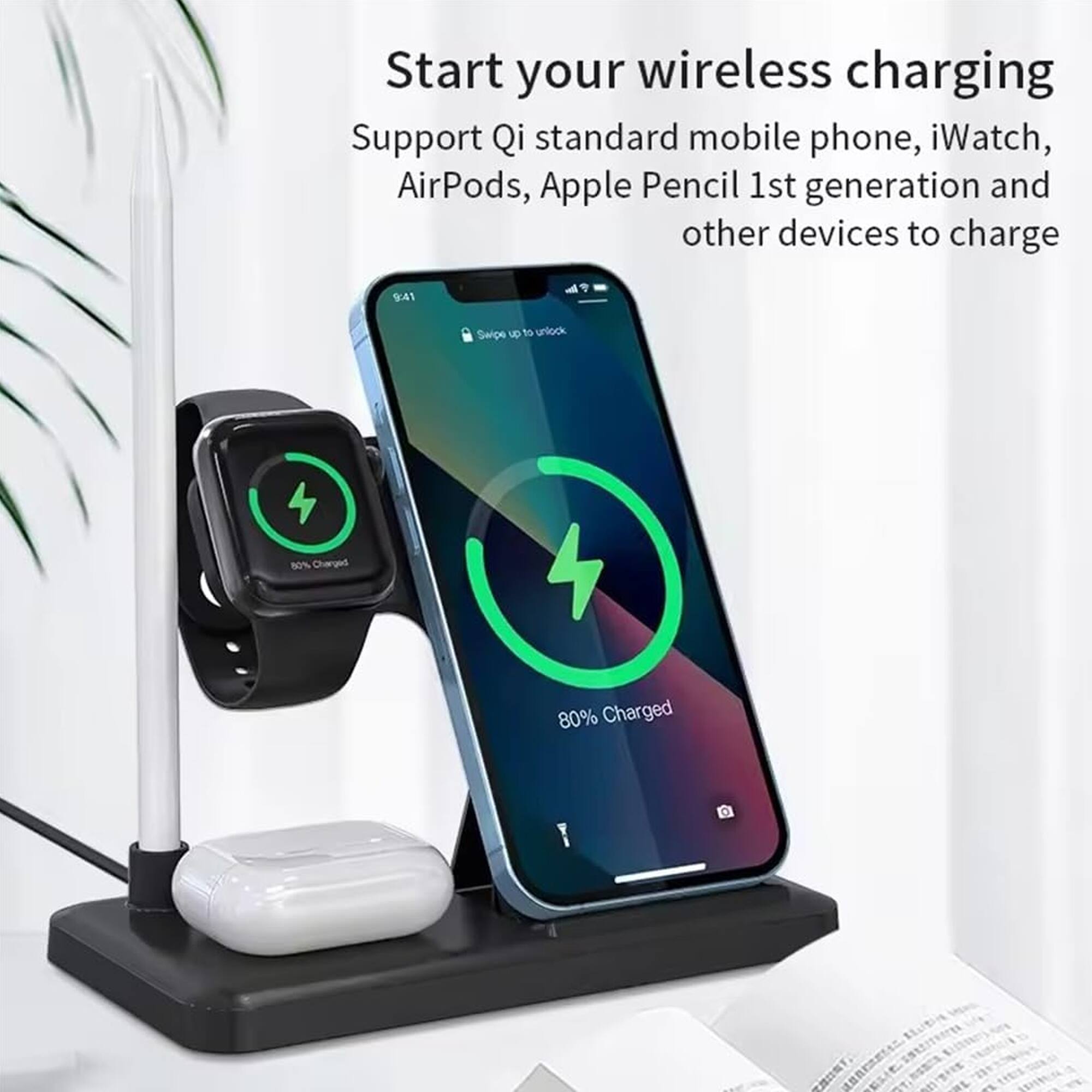 Start your wireless charging  
Support Qi standard mobile phone, iWatch, AirPods, Apple Pencil 1st generation and other devices to charge  

9:41  
Swipe up to unlock  

00% Charged  
80% Charged